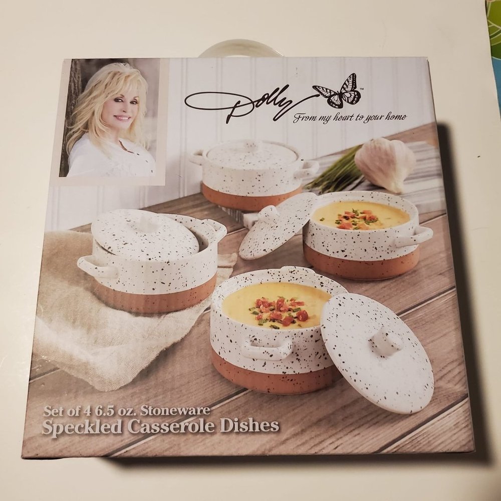 Dolly Parton Set of (4) 6.5oz Stoneware Speckled Casserole Dishes  NIB